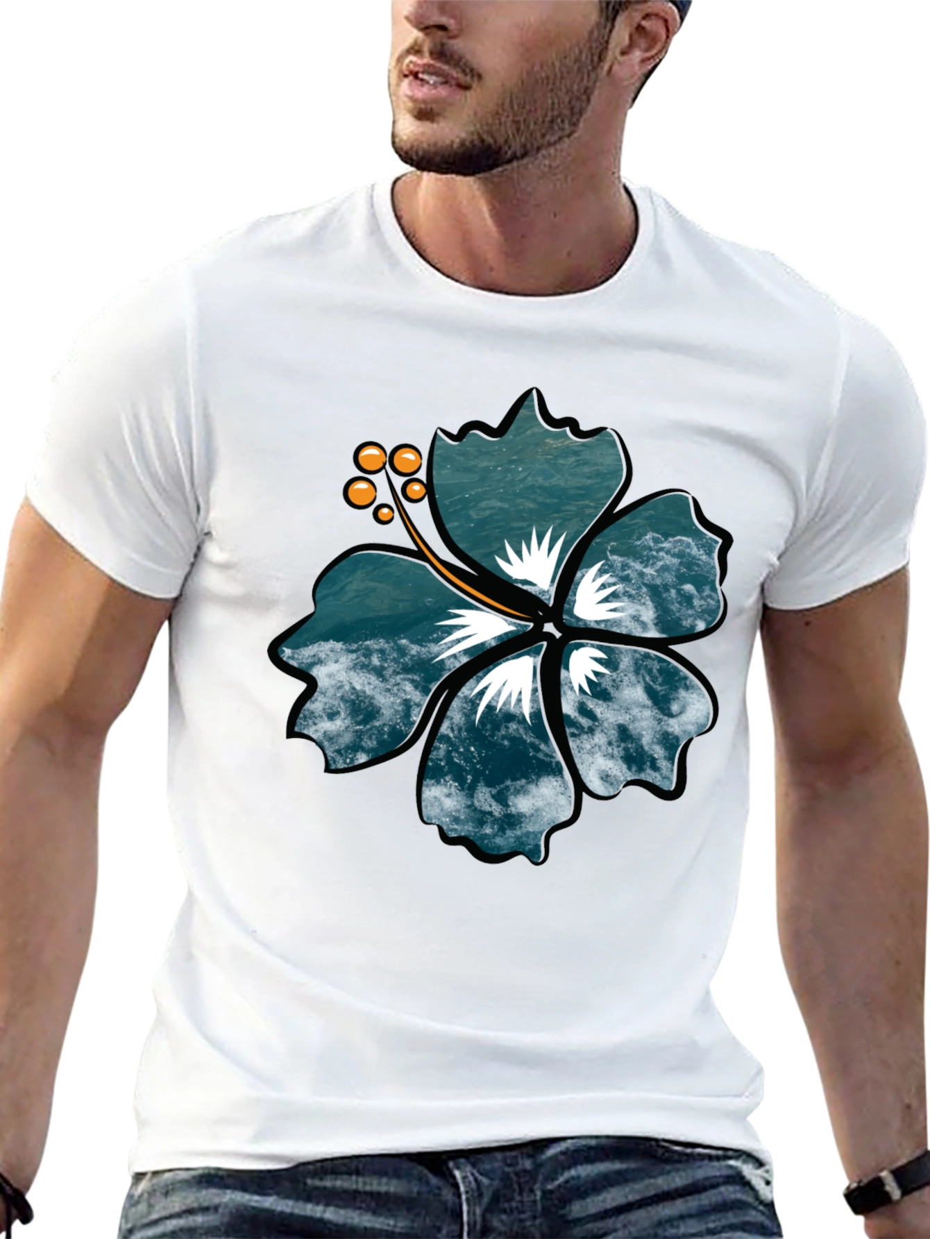 Ocean Wave Hibiscus Graphic Black T-Shirt