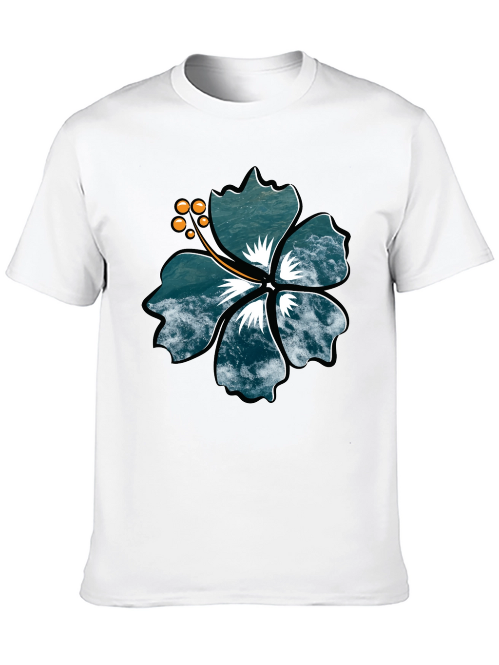 Ocean Wave Hibiscus Graphic Black T-Shirt