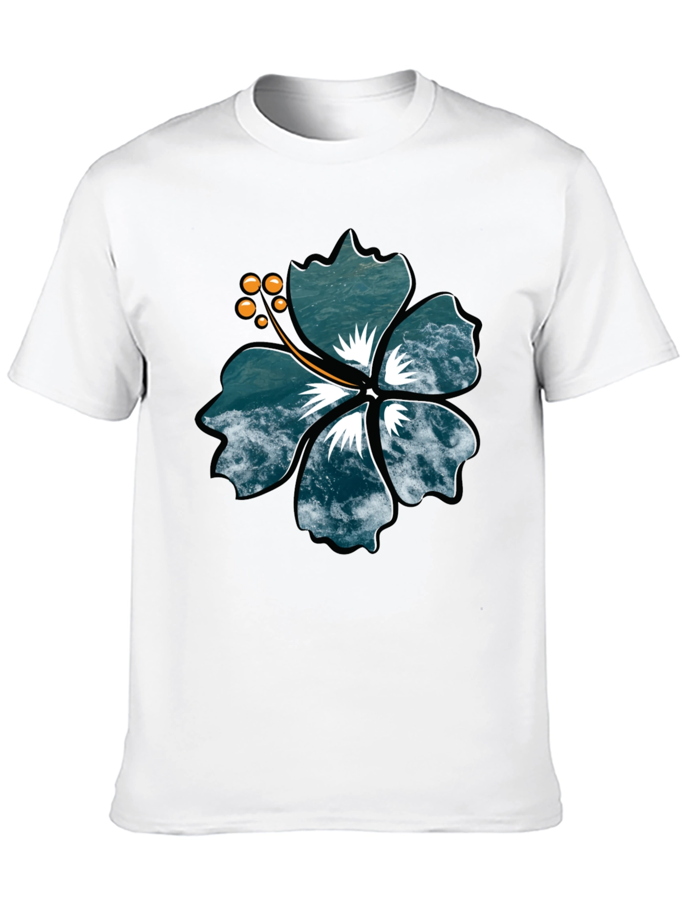 Ocean Wave Hibiscus Graphic Black T-Shirt