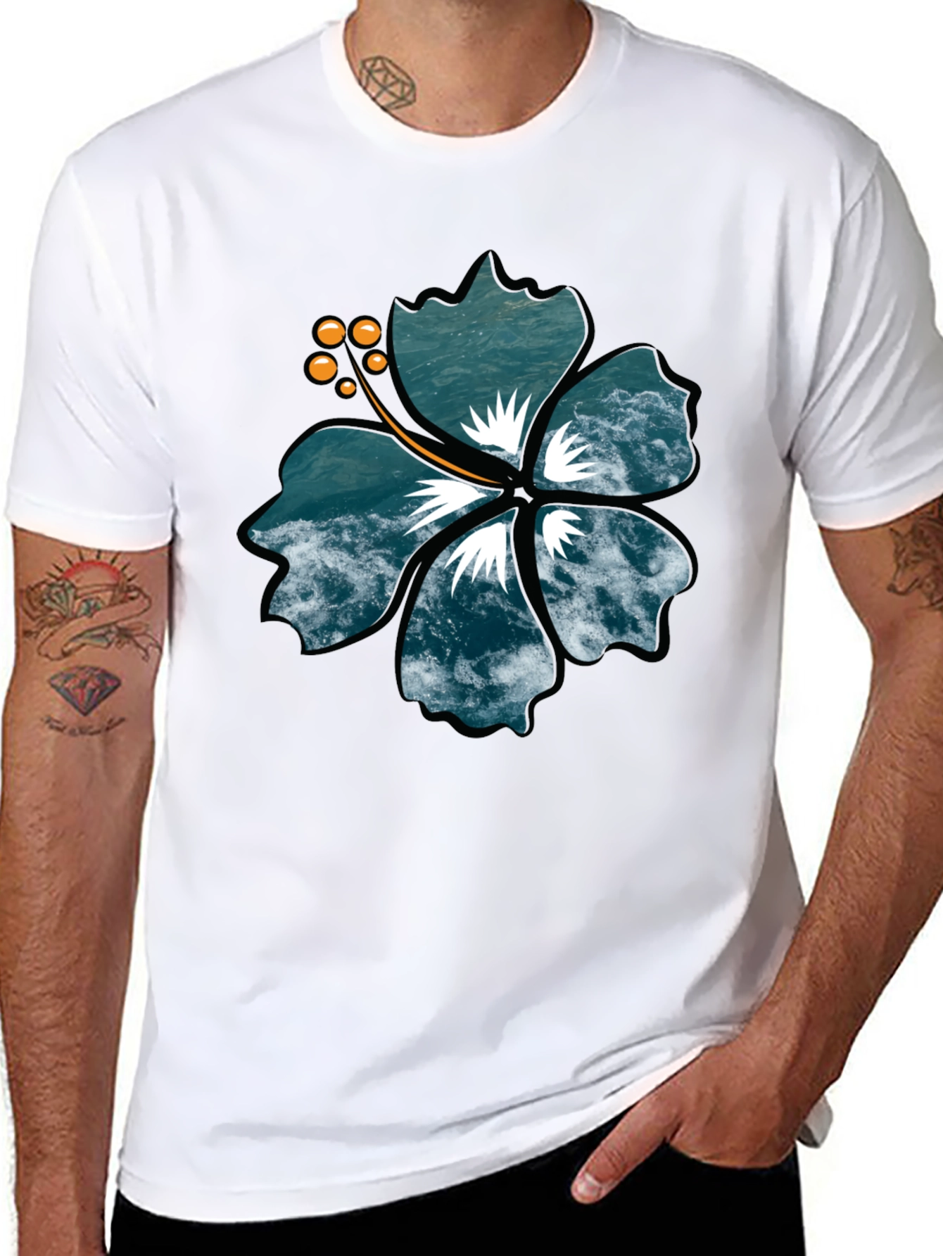 Ocean Wave Hibiscus Graphic Black T-Shirt