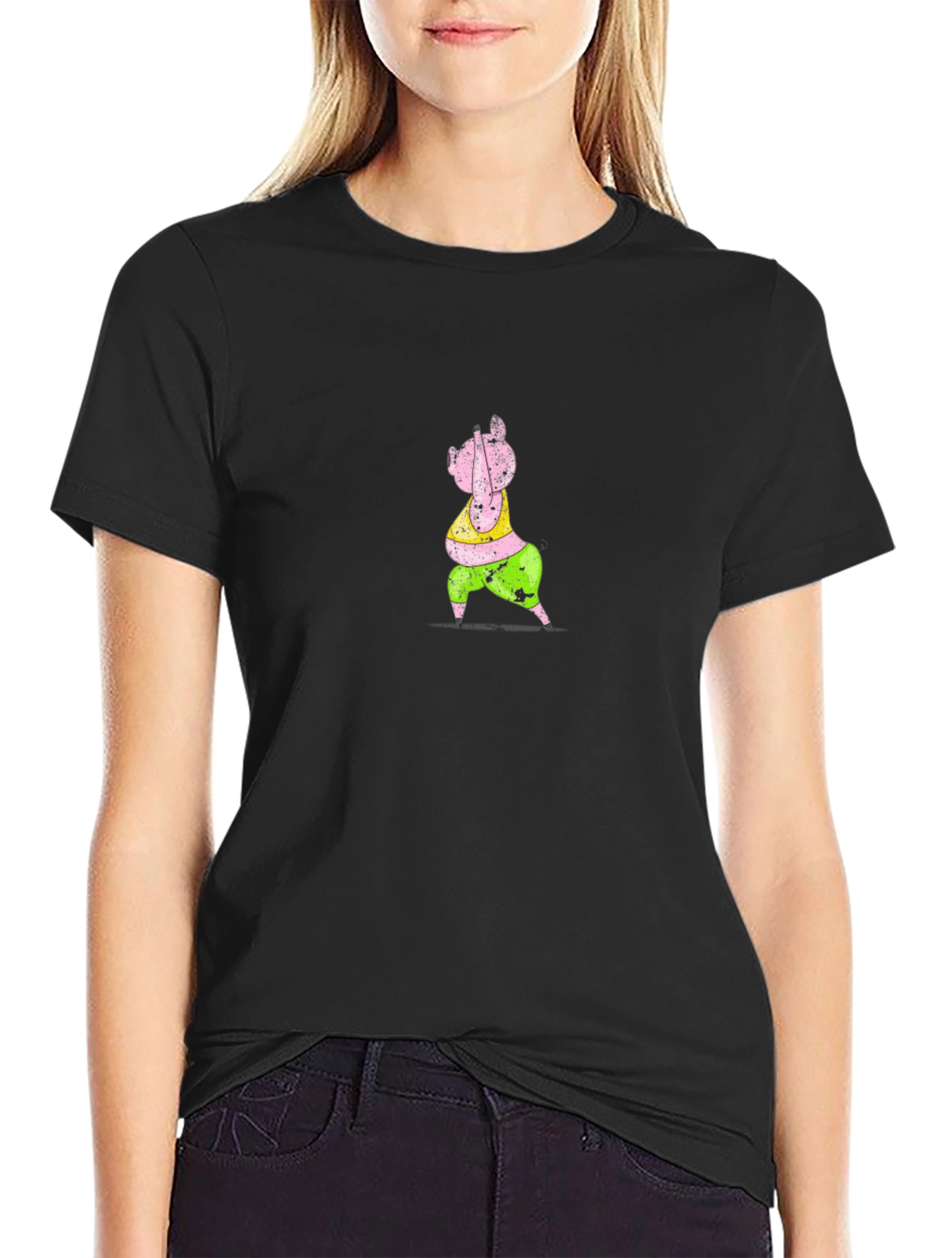 Cartoon Pig Graphic Black T-Shirt
