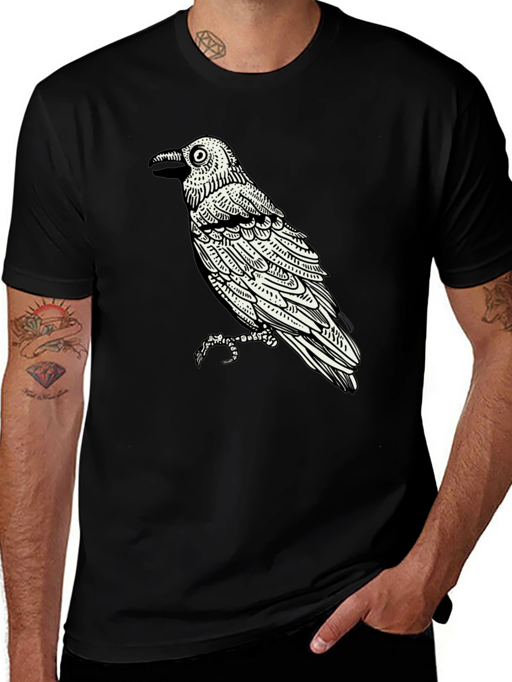 Raven Graphic Tee - Black Cotton Bird Print Shirt