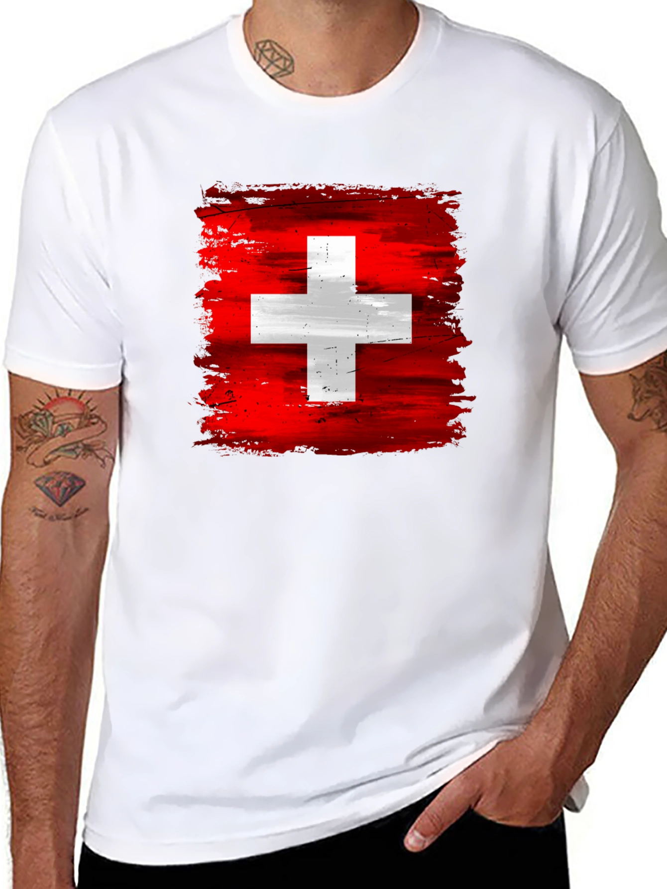 Switzerland Flag T-Shirt - Brush Stroke Design