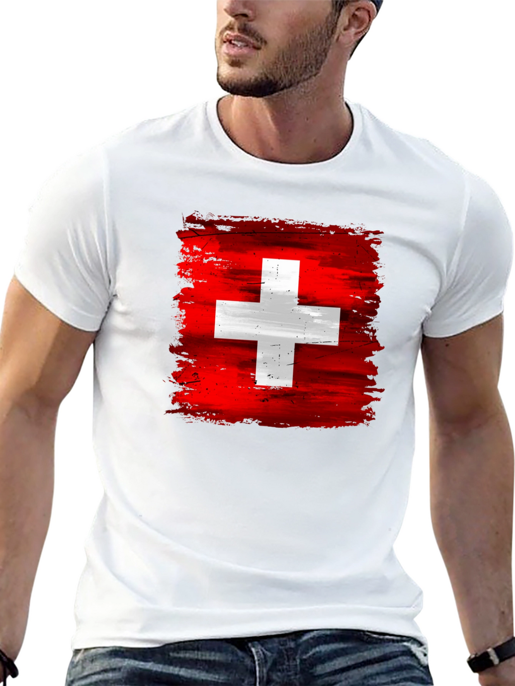 Switzerland Flag T-Shirt - Brush Stroke Design