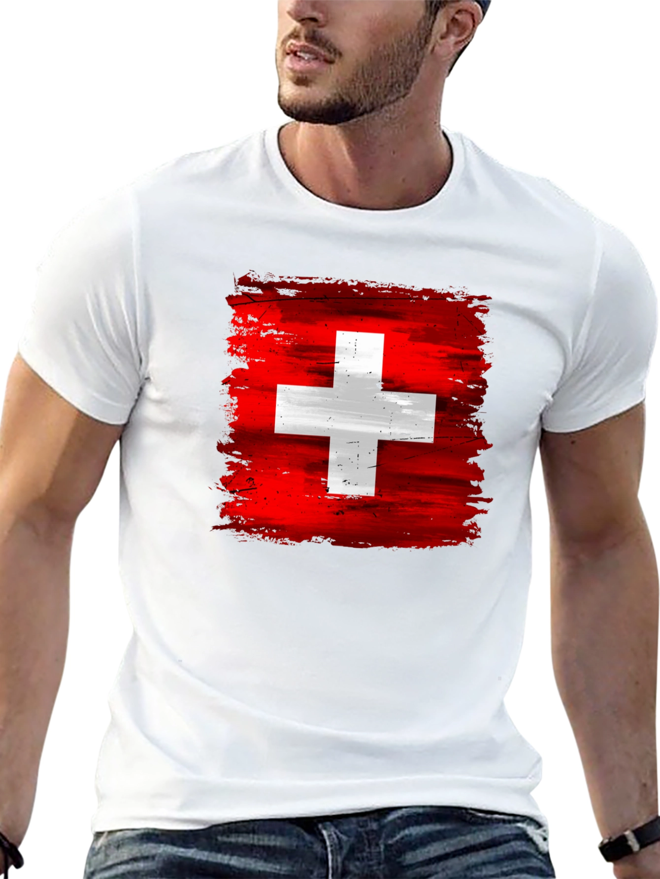 Switzerland Flag T-Shirt - Brush Stroke Design