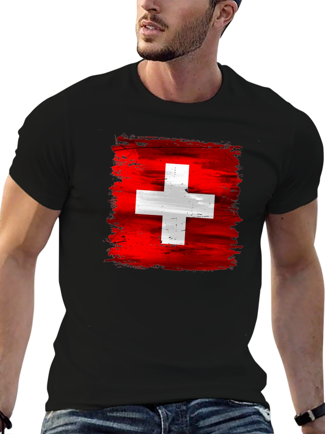 Switzerland Flag T-Shirt - Brush Stroke Design