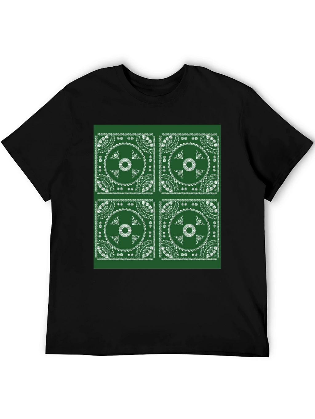 Green Bandana Pattern Black T-Shirt