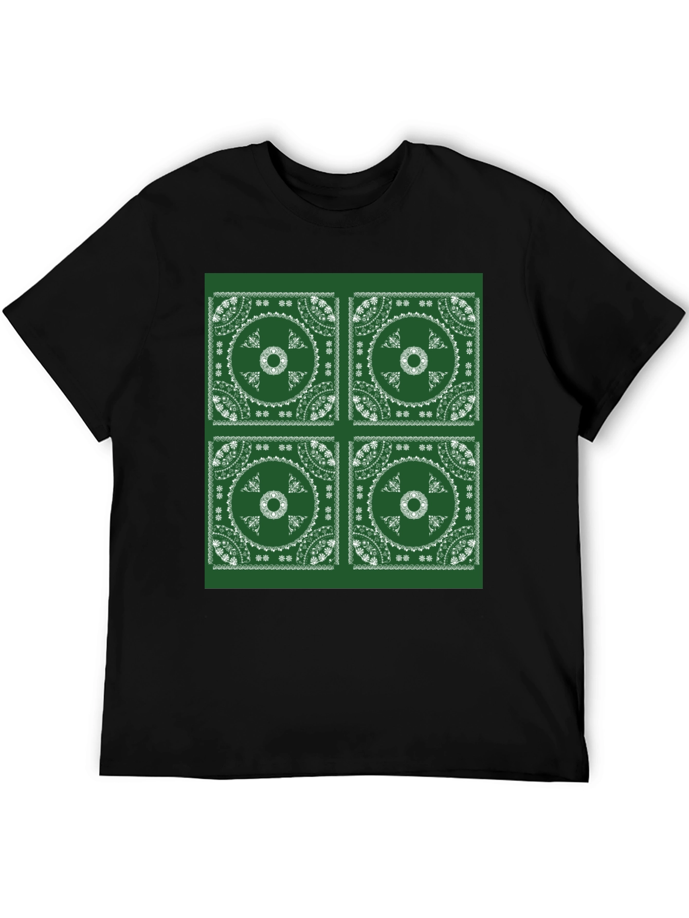 Green Bandana Pattern Black T-Shirt