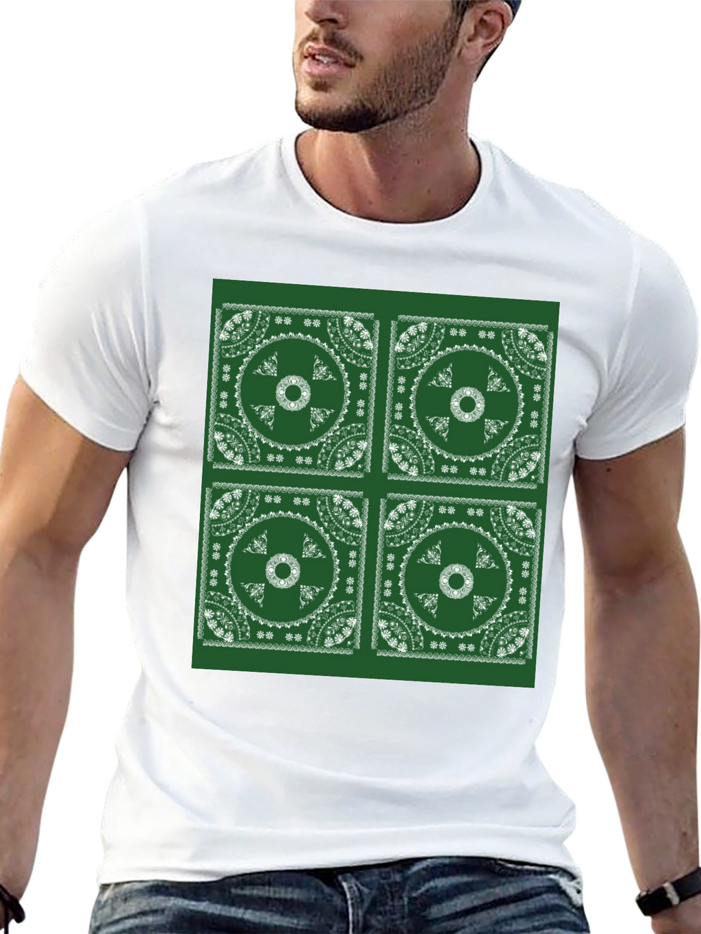 Green Bandana Pattern Black T-Shirt