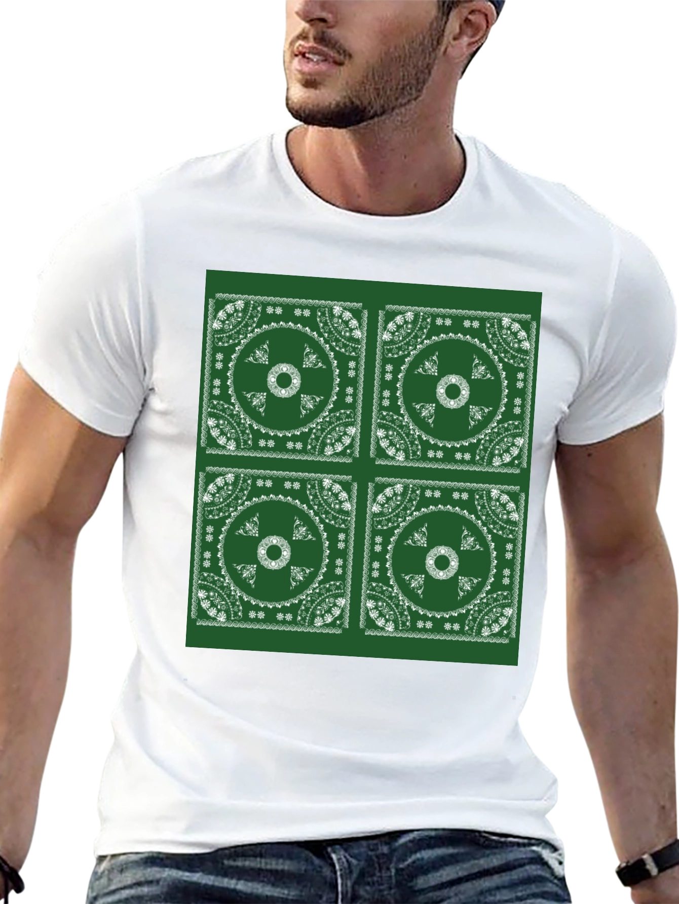 Green Bandana Pattern Black T-Shirt