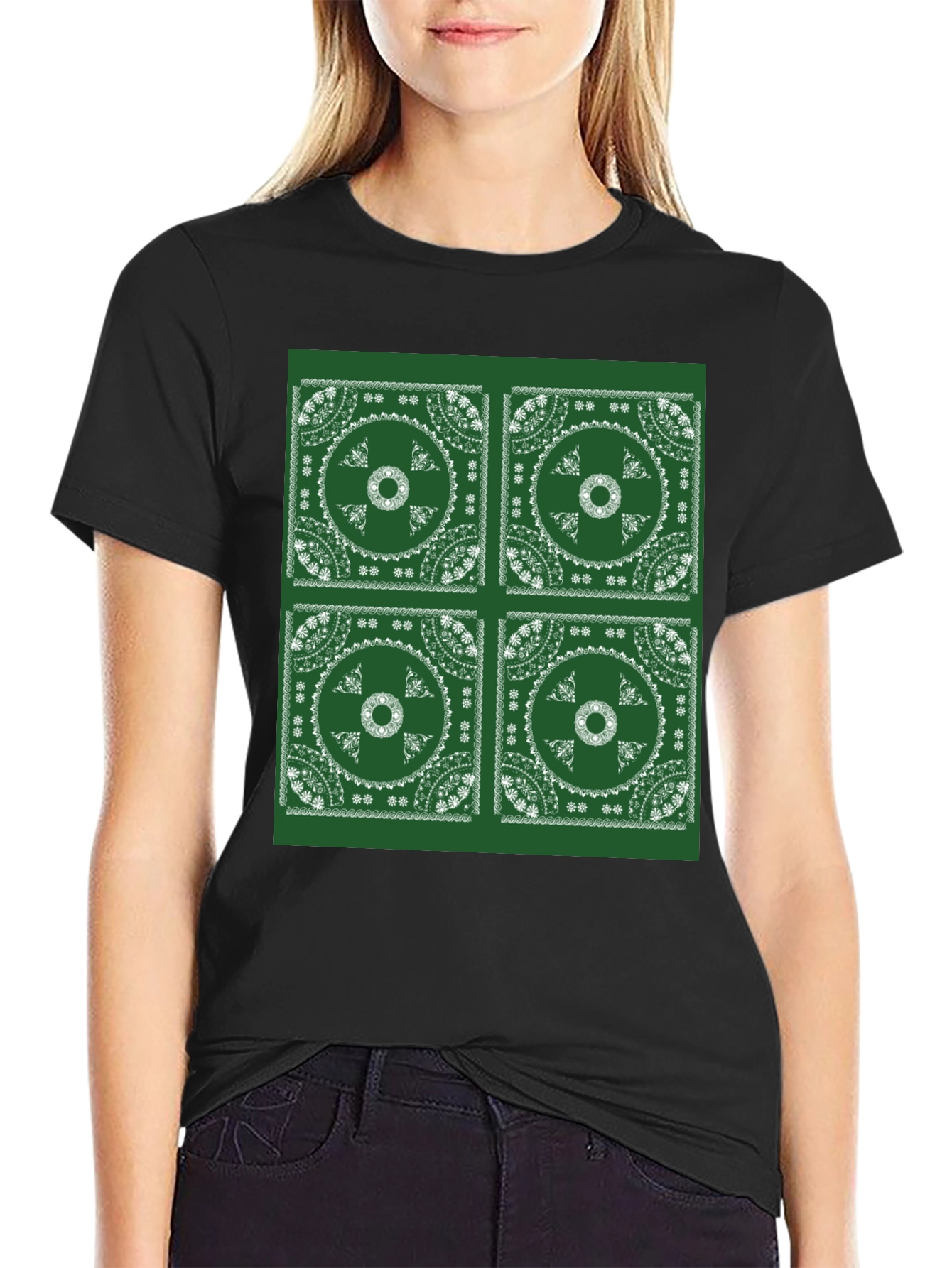 Green Bandana Pattern Black T-Shirt