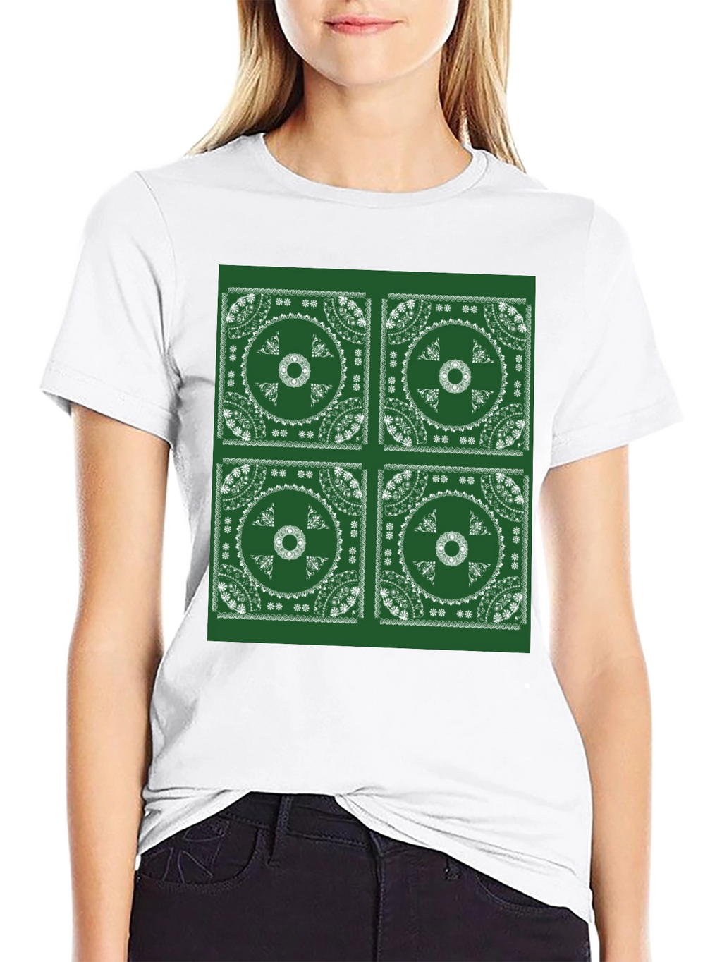 Green Bandana Pattern Black T-Shirt