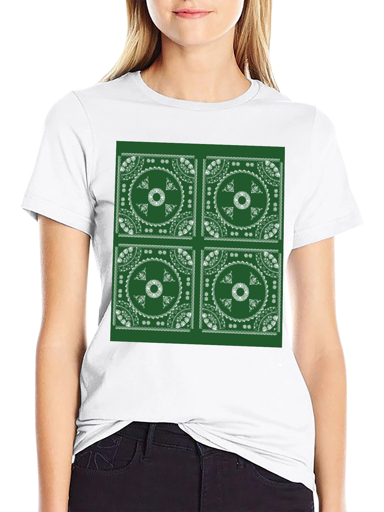 Green Bandana Pattern Black T-Shirt
