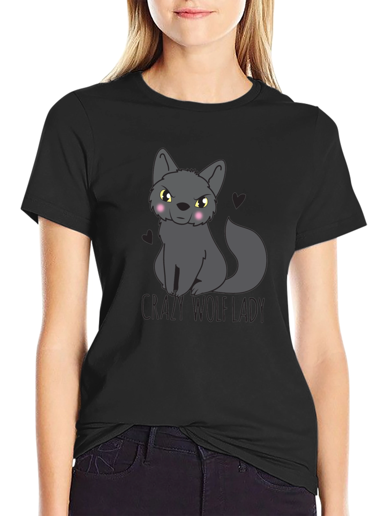 Crazy Wolf Lady Graphic Tee - Black
