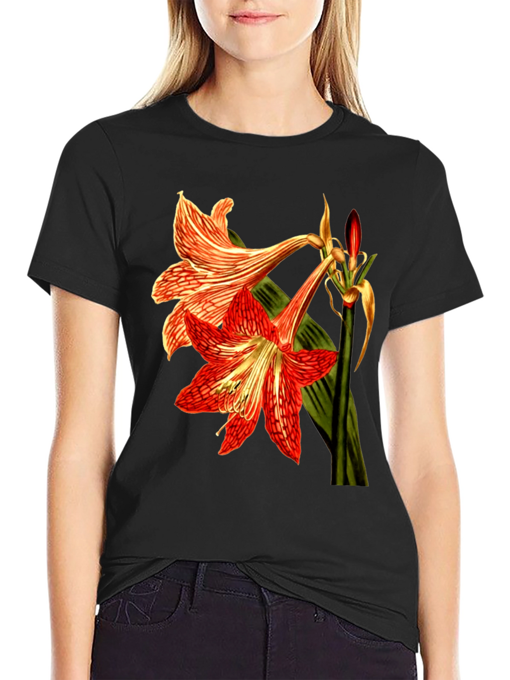 Floral Print T-Shirt: Red Amaryllis Flower Tee