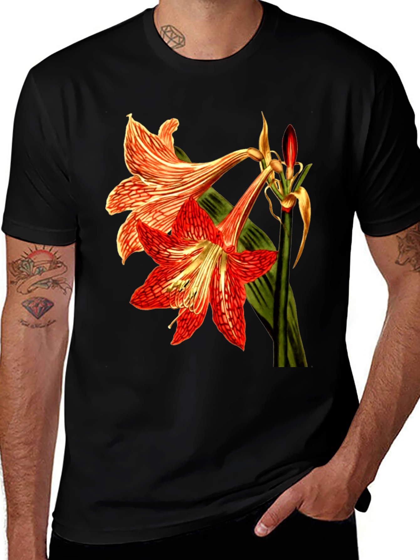 Floral Print T-Shirt: Red Amaryllis Flower Tee