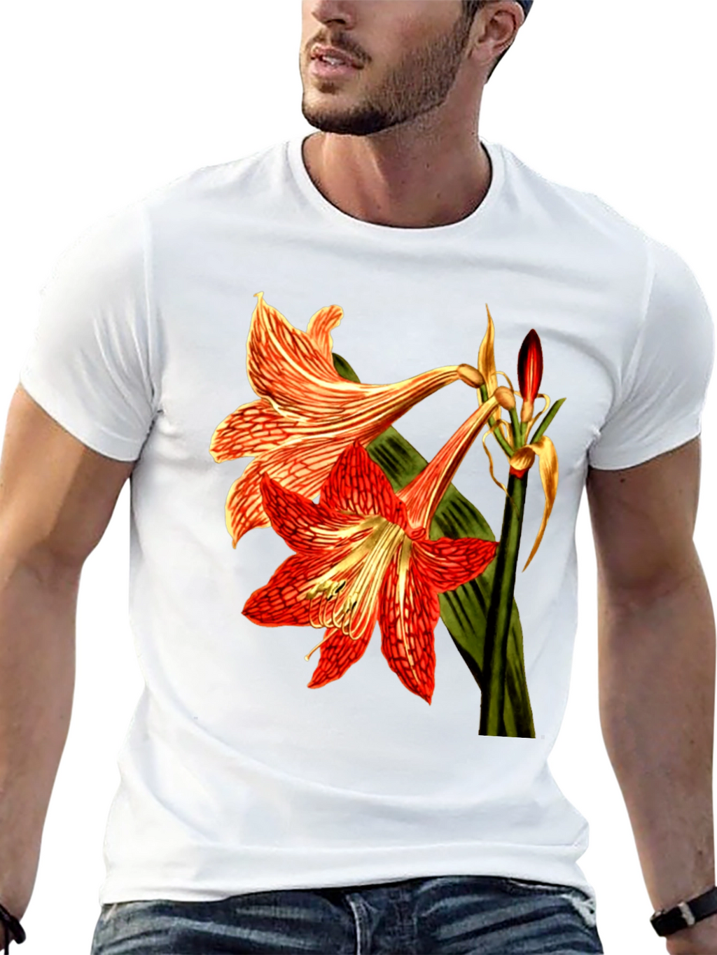 Floral Print T-Shirt: Red Amaryllis Flower Tee