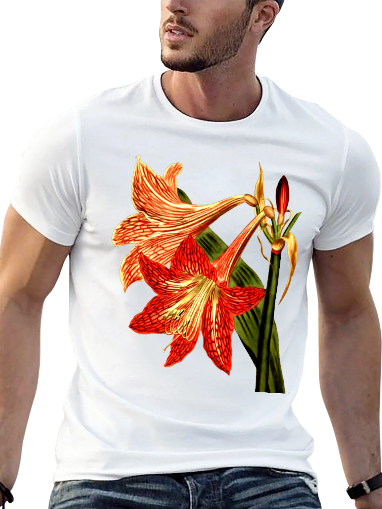 Floral Print T-Shirt: Red Amaryllis Flower Tee