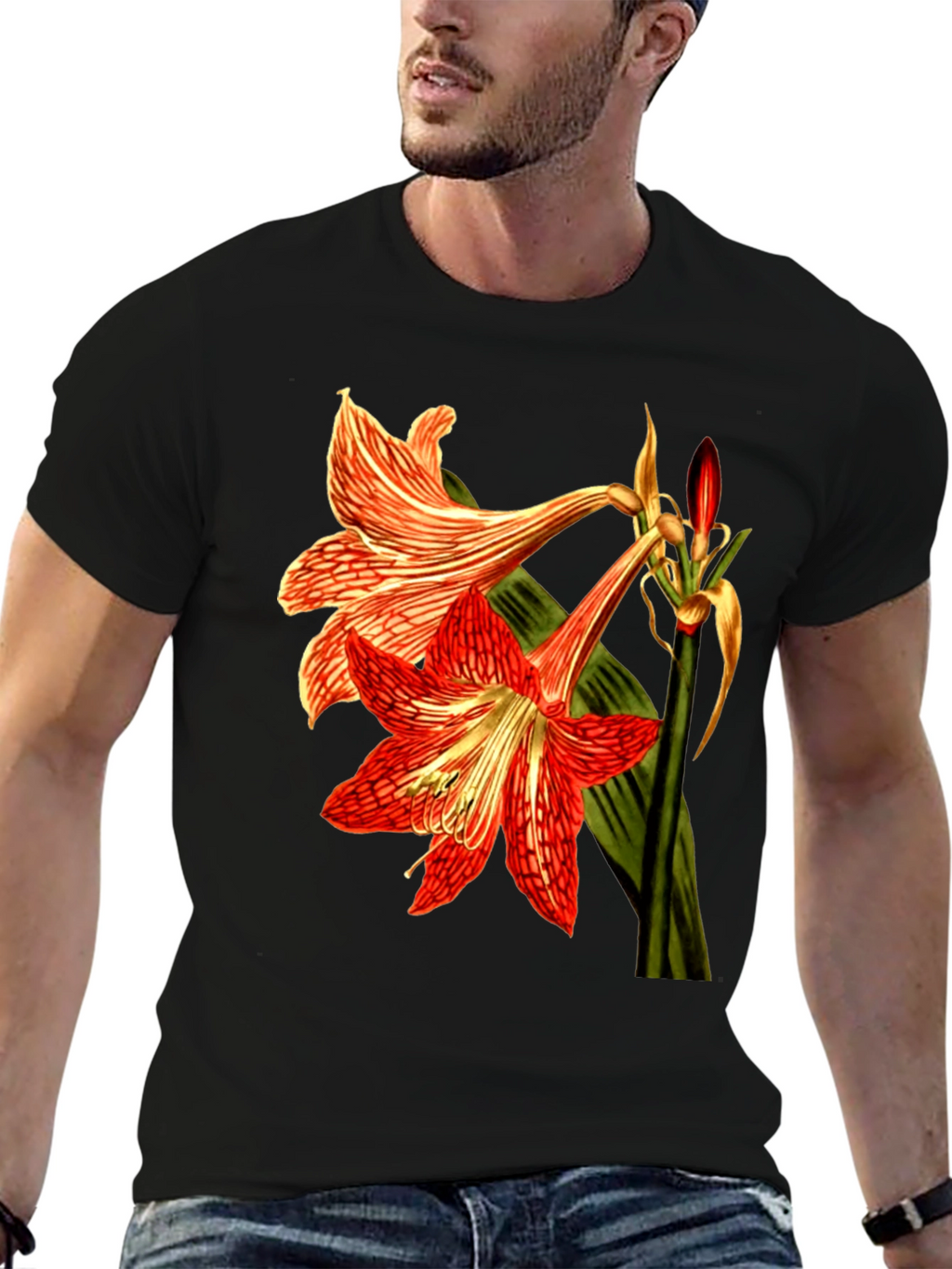 Floral Print T-Shirt: Red Amaryllis Flower Tee