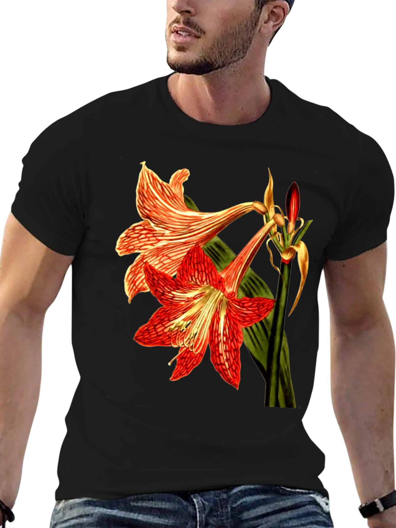 Floral Print T-Shirt: Red Amaryllis Flower Tee