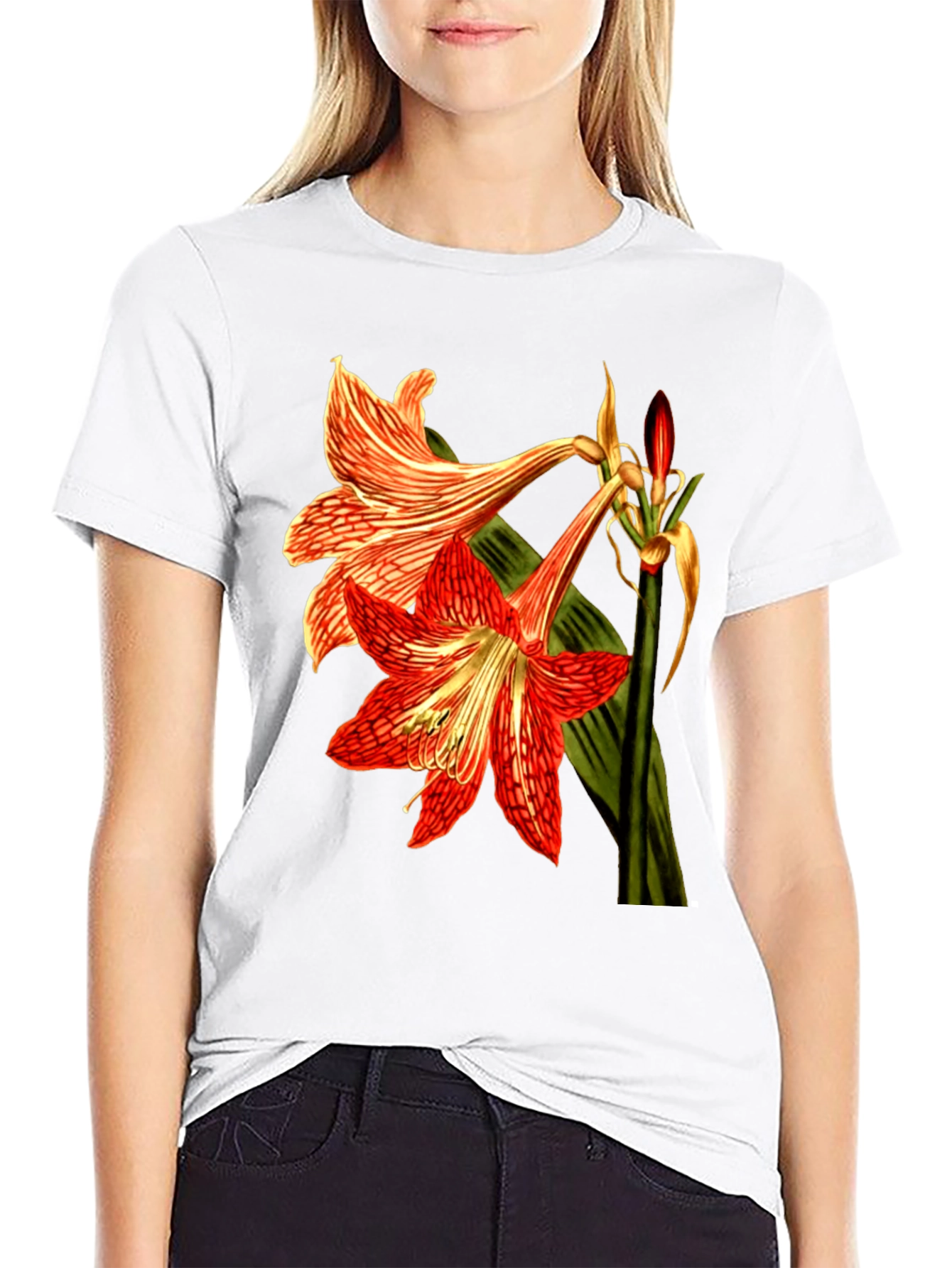 Floral Print T-Shirt: Red Amaryllis Flower Tee