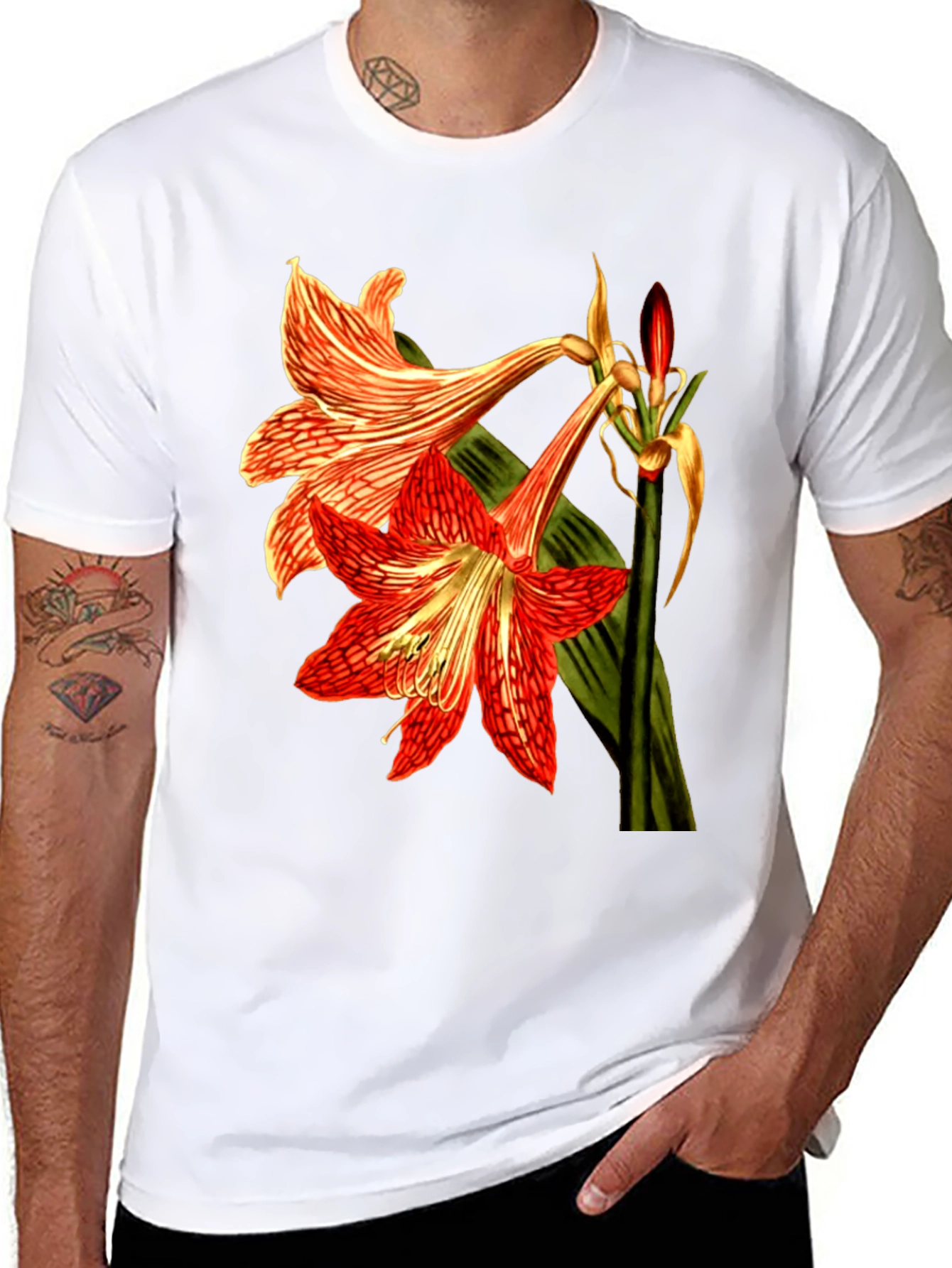 Floral Print T-Shirt: Red Amaryllis Flower Tee