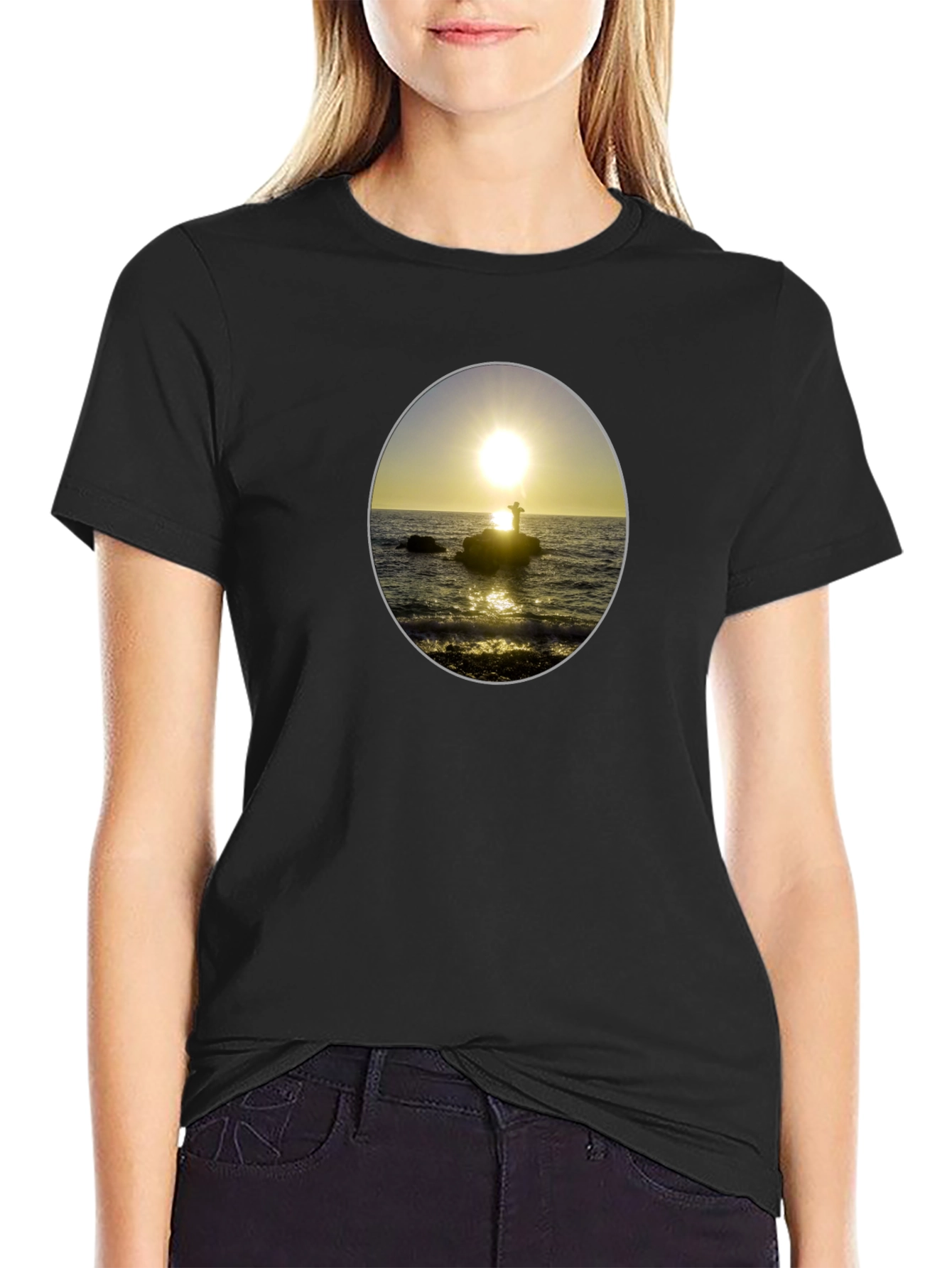 Sunset Seascape Graphic Tee - Black Casual T-Shirt