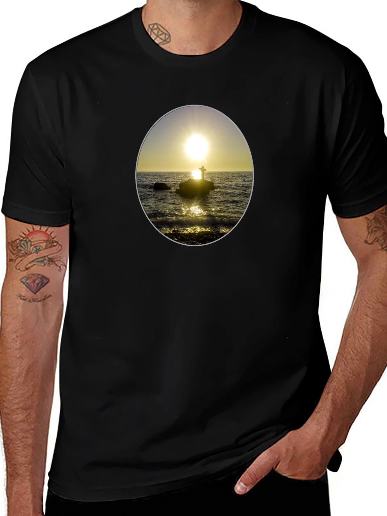 Sunset Seascape Graphic Tee - Black Casual T-Shirt