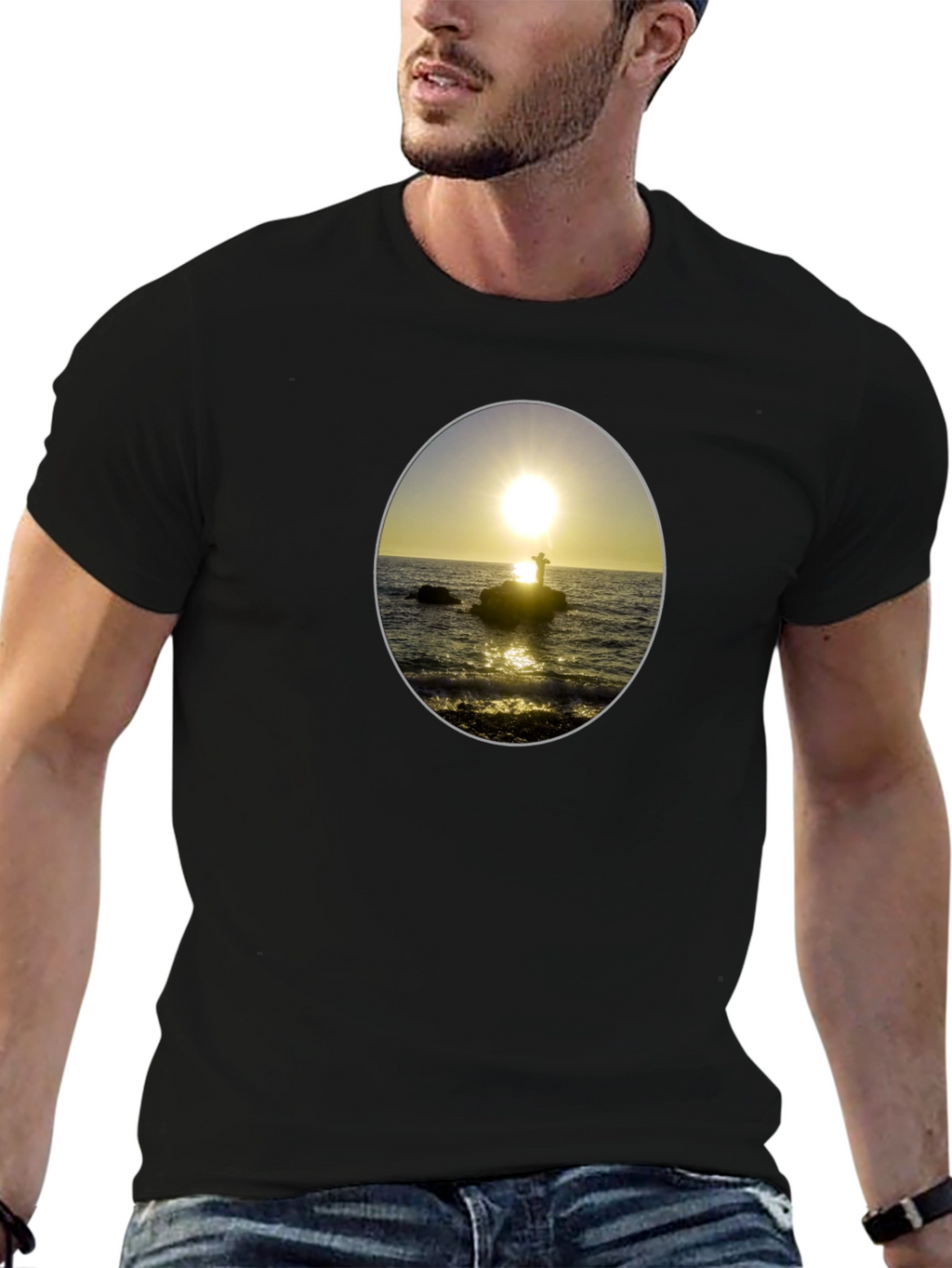 Sunset Seascape Graphic Tee - Black Casual T-Shirt