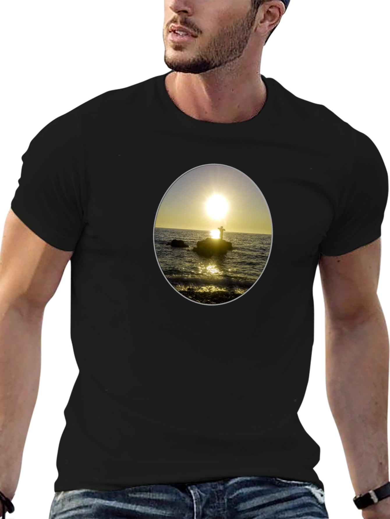 Sunset Seascape Graphic Tee - Black Casual T-Shirt