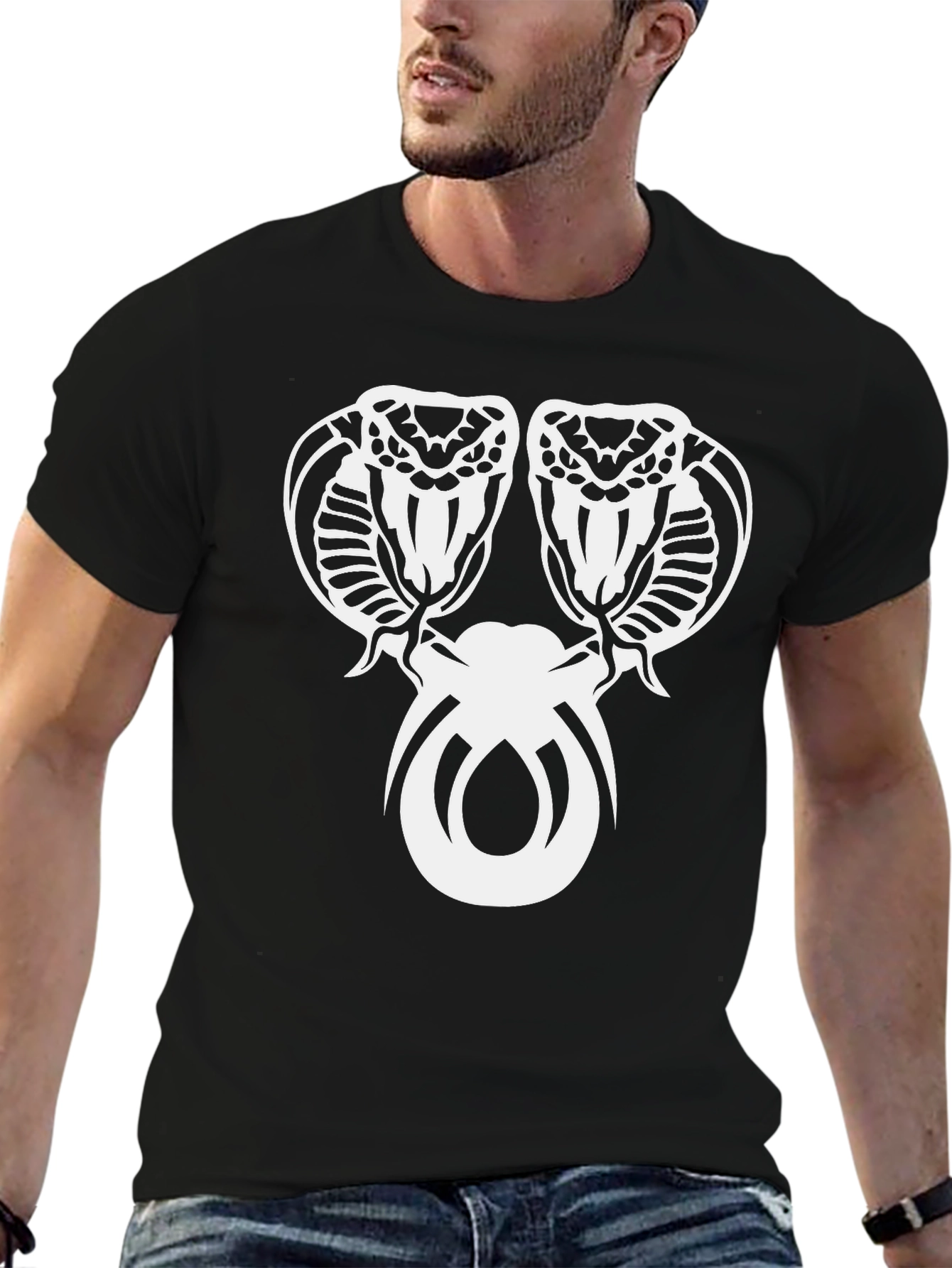 Mens Cobra Graphic Tee - Bold Snake Design Black Cotton Shirt