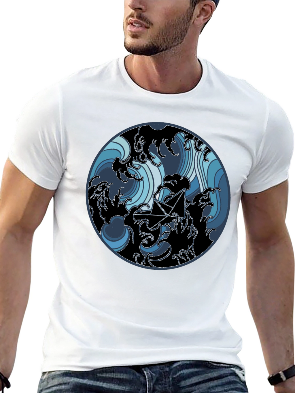 Paper Boat in Waves Graphic Tee - Black