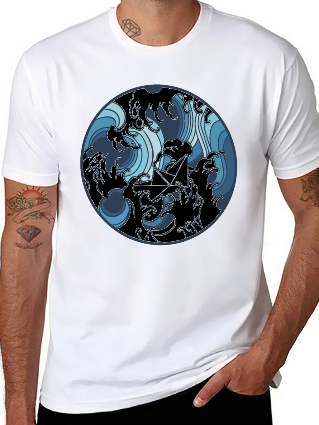 Paper Boat in Waves Graphic Tee - Black