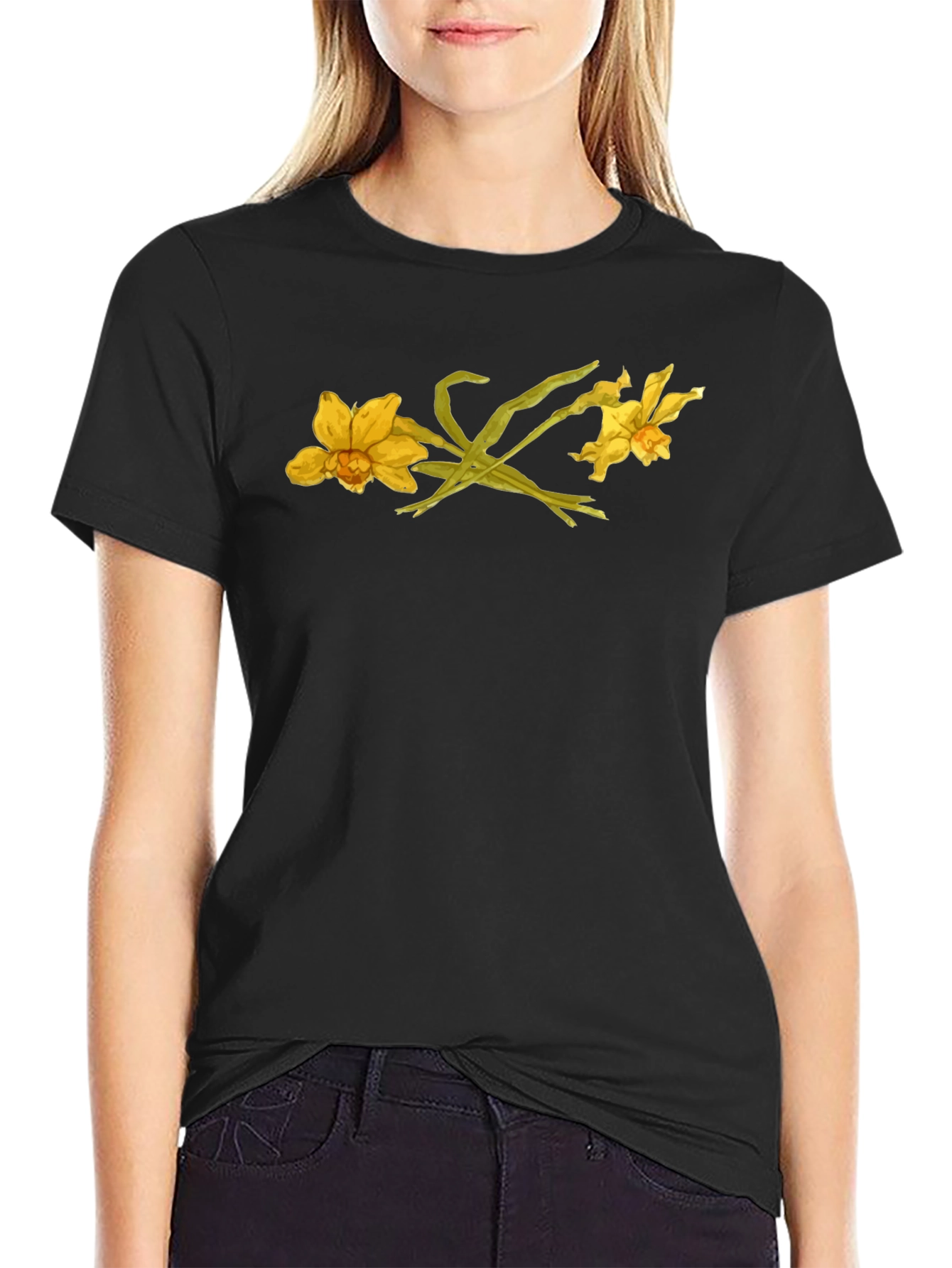 Floral Graphic Black T-Shirt - Daffodil Design