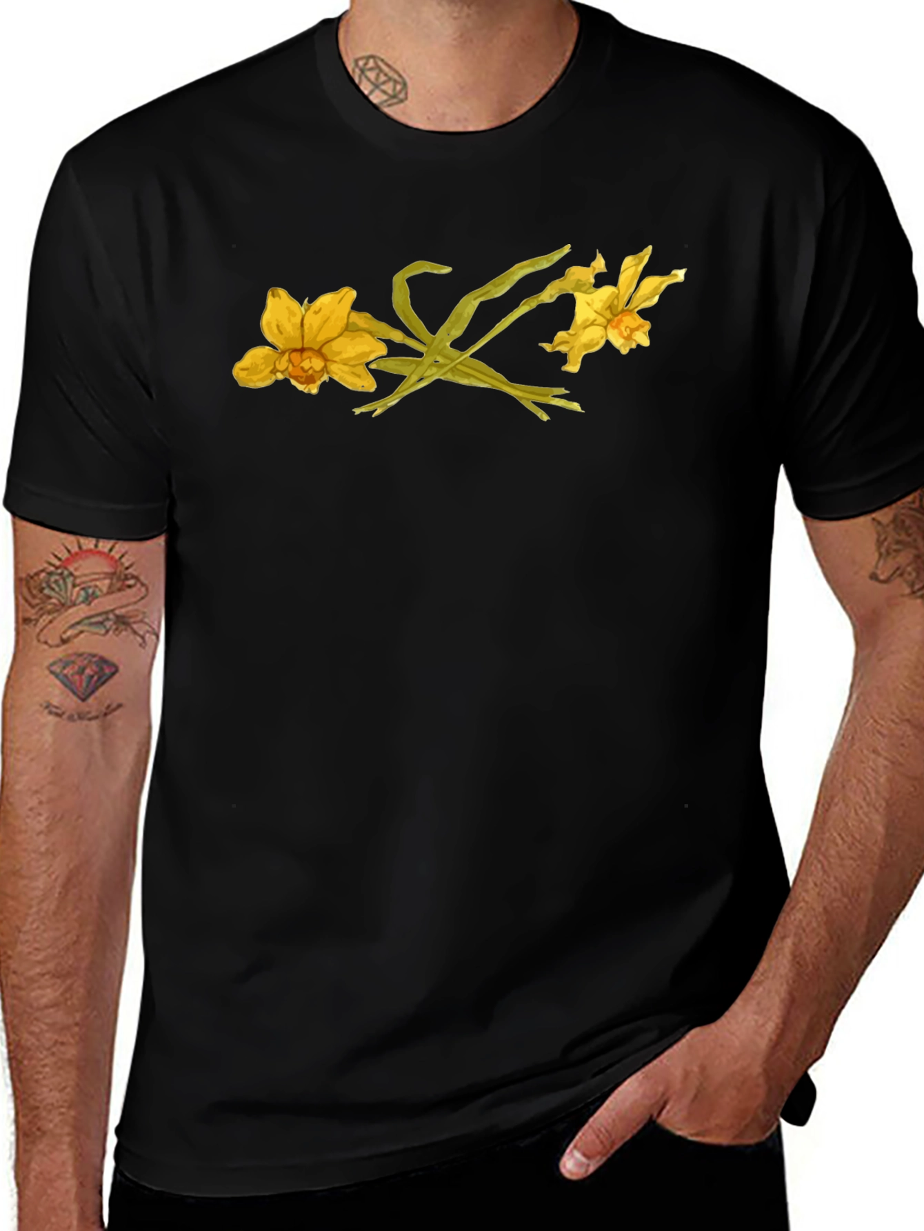 Floral Graphic Black T-Shirt - Daffodil Design