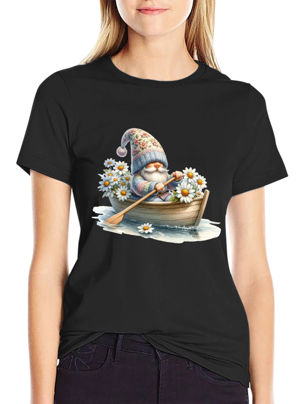 Gnome in Boat T-Shirt - Whimsical Floral Hat