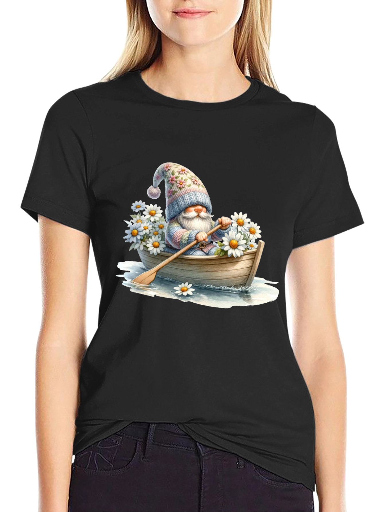 Gnome in Boat T-Shirt - Whimsical Floral Hat