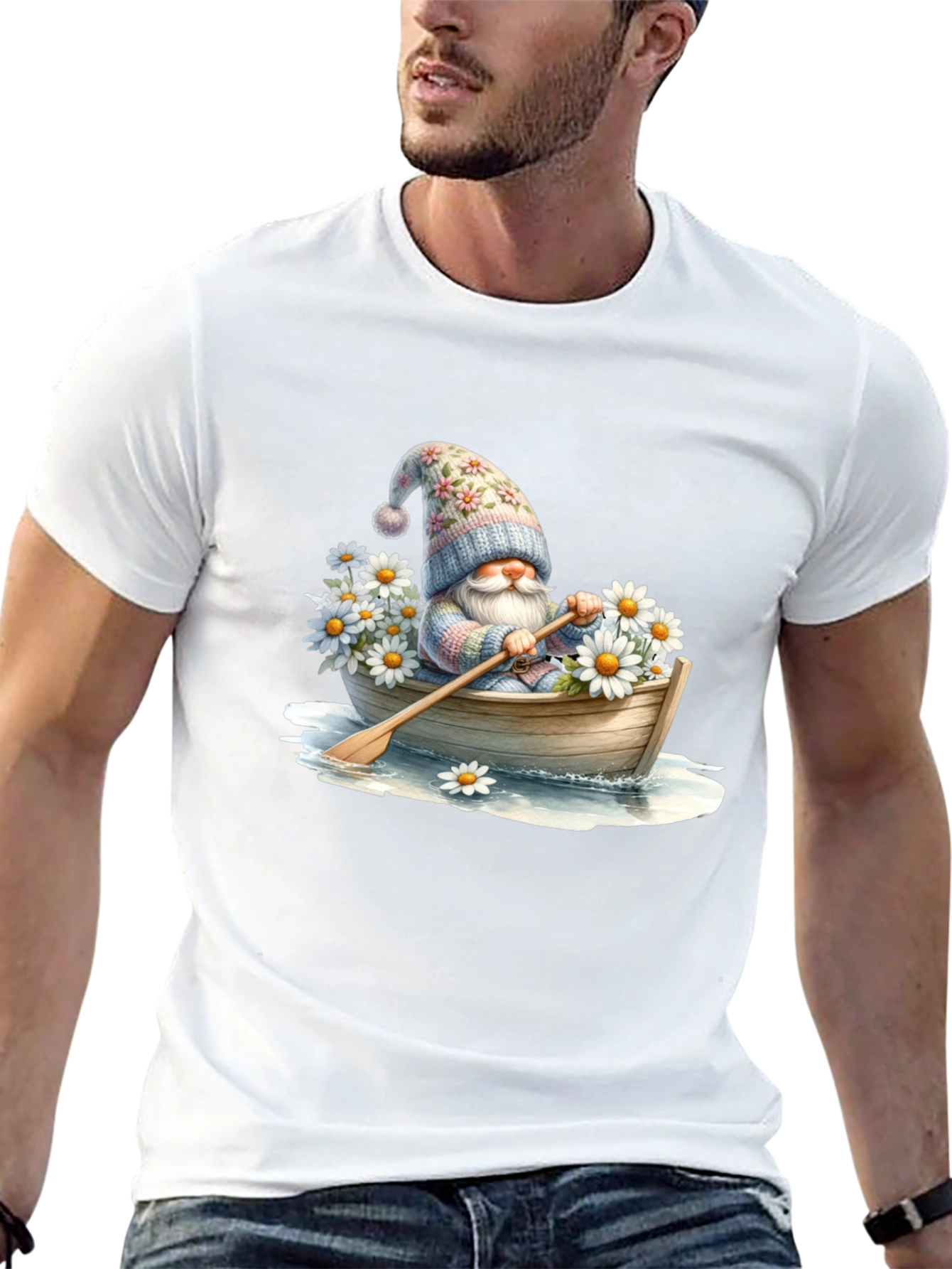 Gnome in Boat T-Shirt - Whimsical Floral Hat