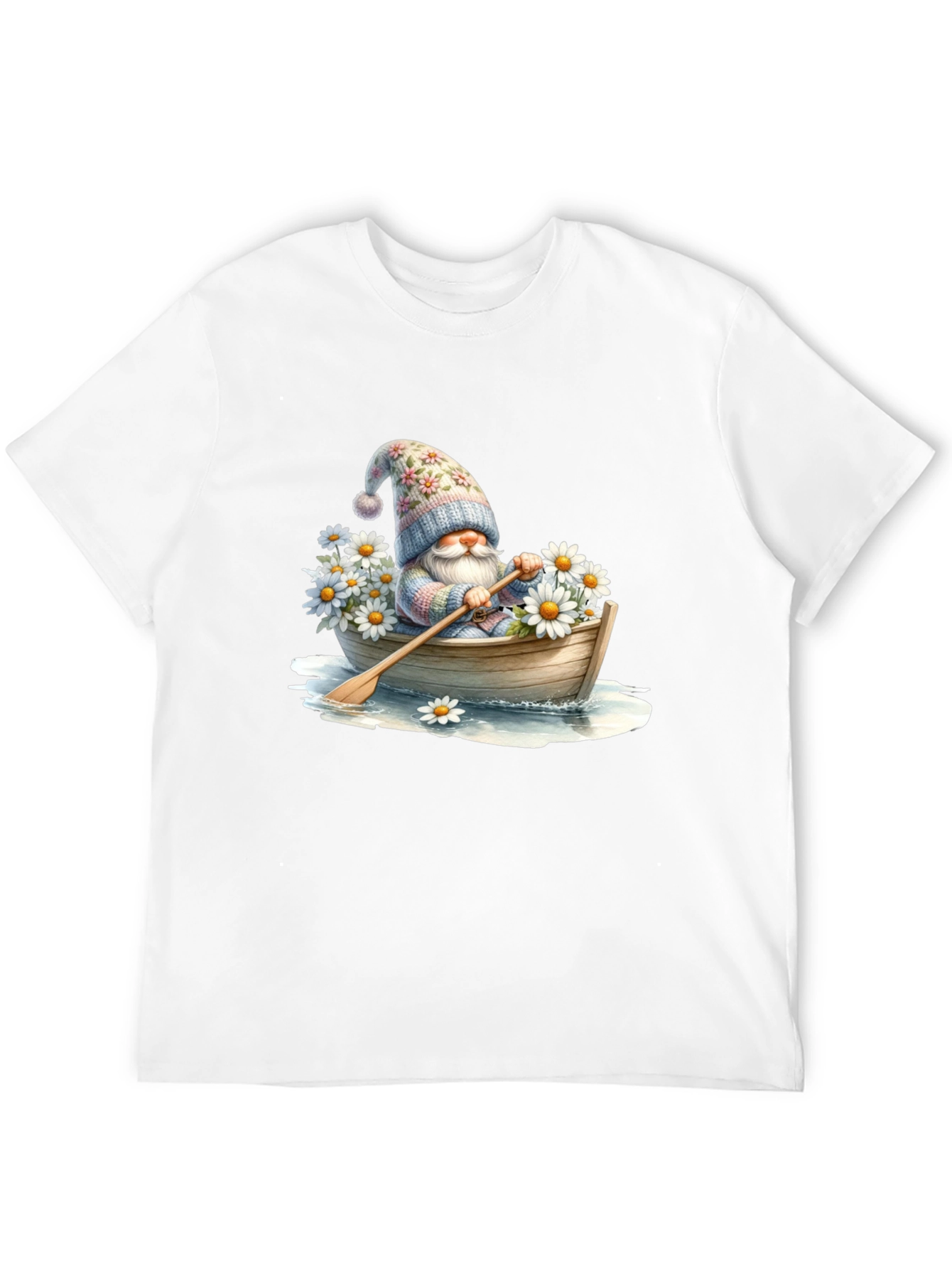 Gnome in Boat T-Shirt - Whimsical Floral Hat