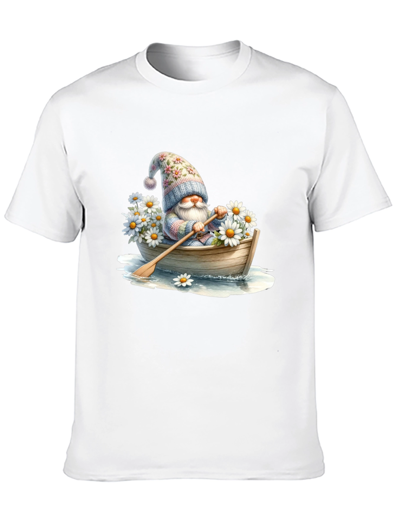Gnome in Boat T-Shirt - Whimsical Floral Hat