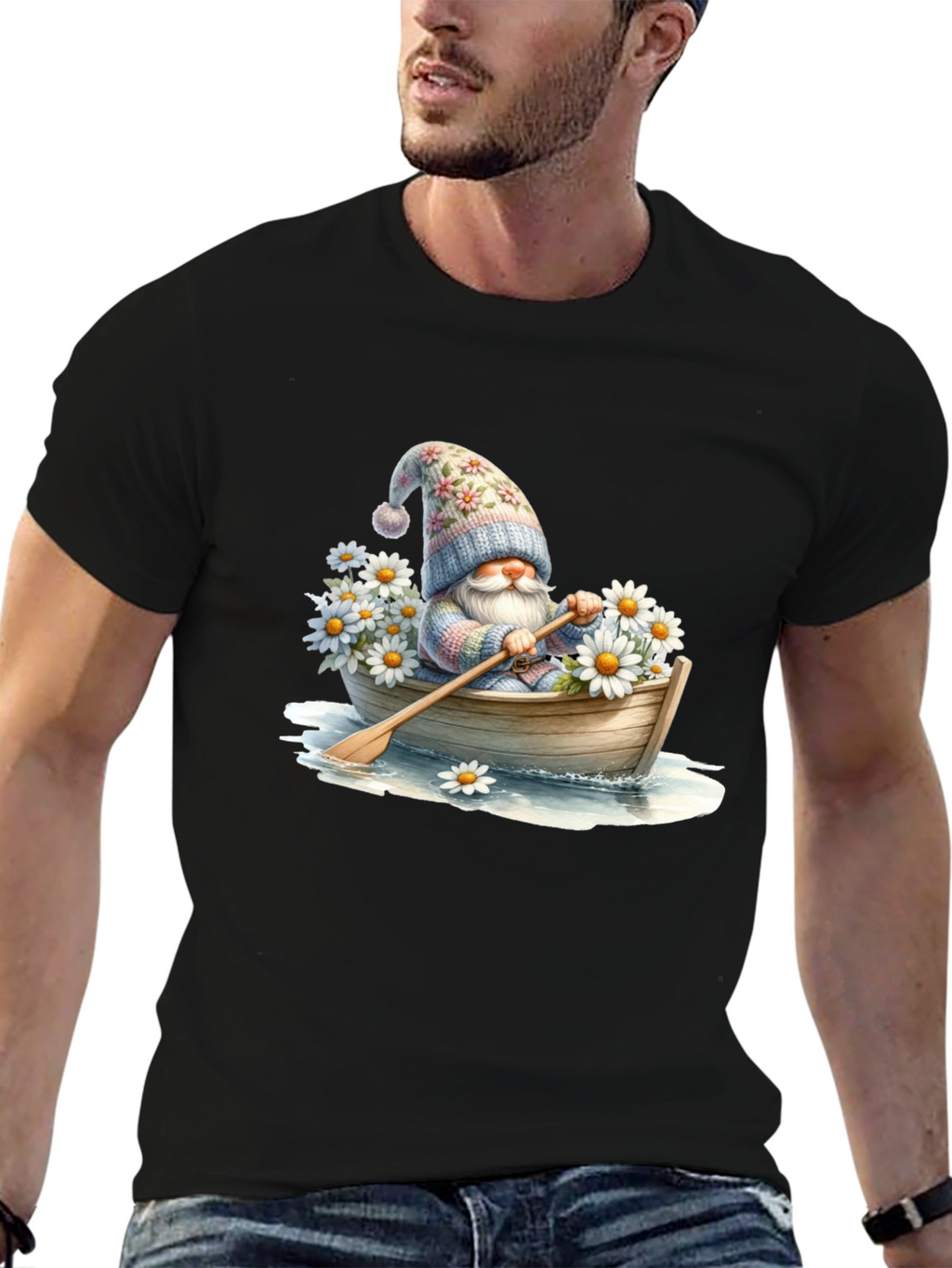 Gnome in Boat T-Shirt - Whimsical Floral Hat