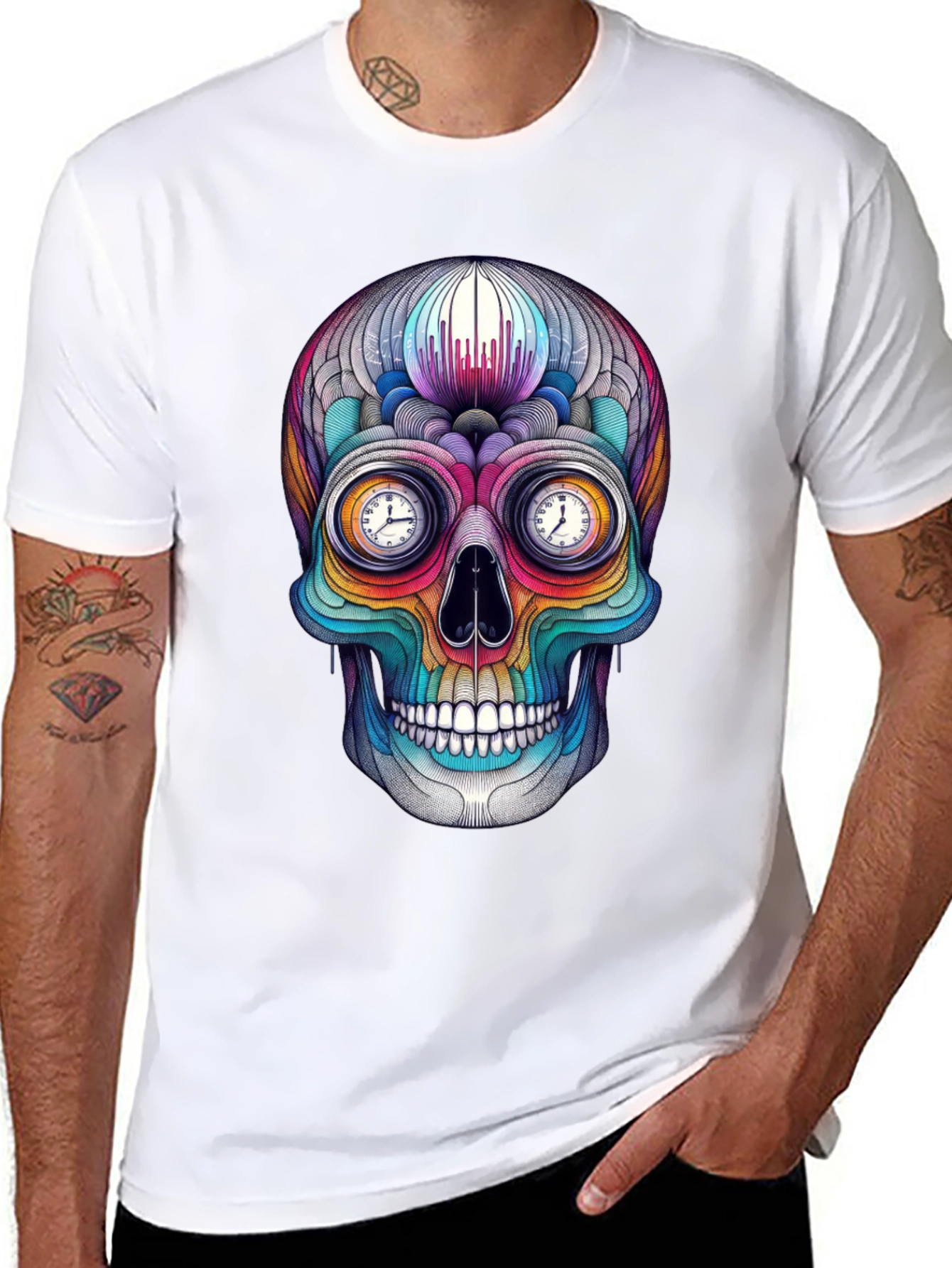 Colorful Skull T-Shirt with Time-Telling Eyes