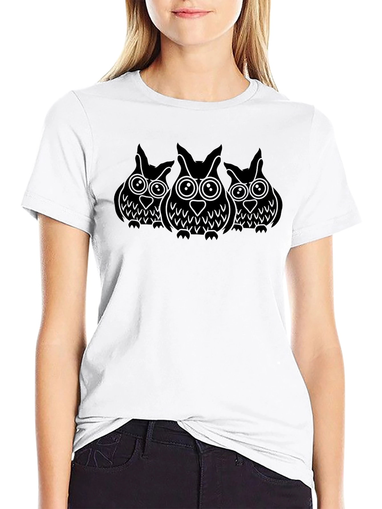 Owl Trio Graphic Tee - Black Cotton Comfort