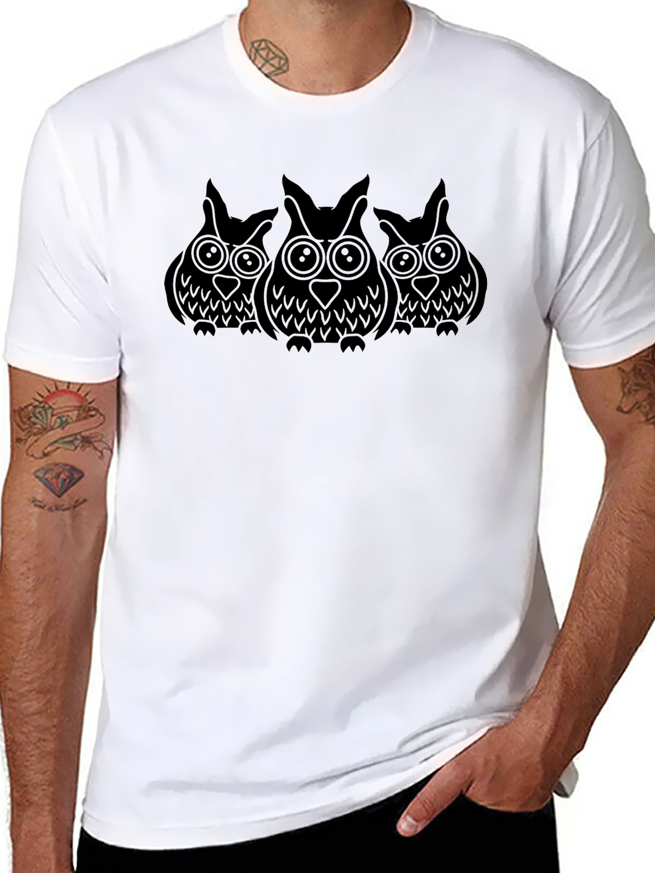 Owl Trio Graphic Tee - Black Cotton Comfort