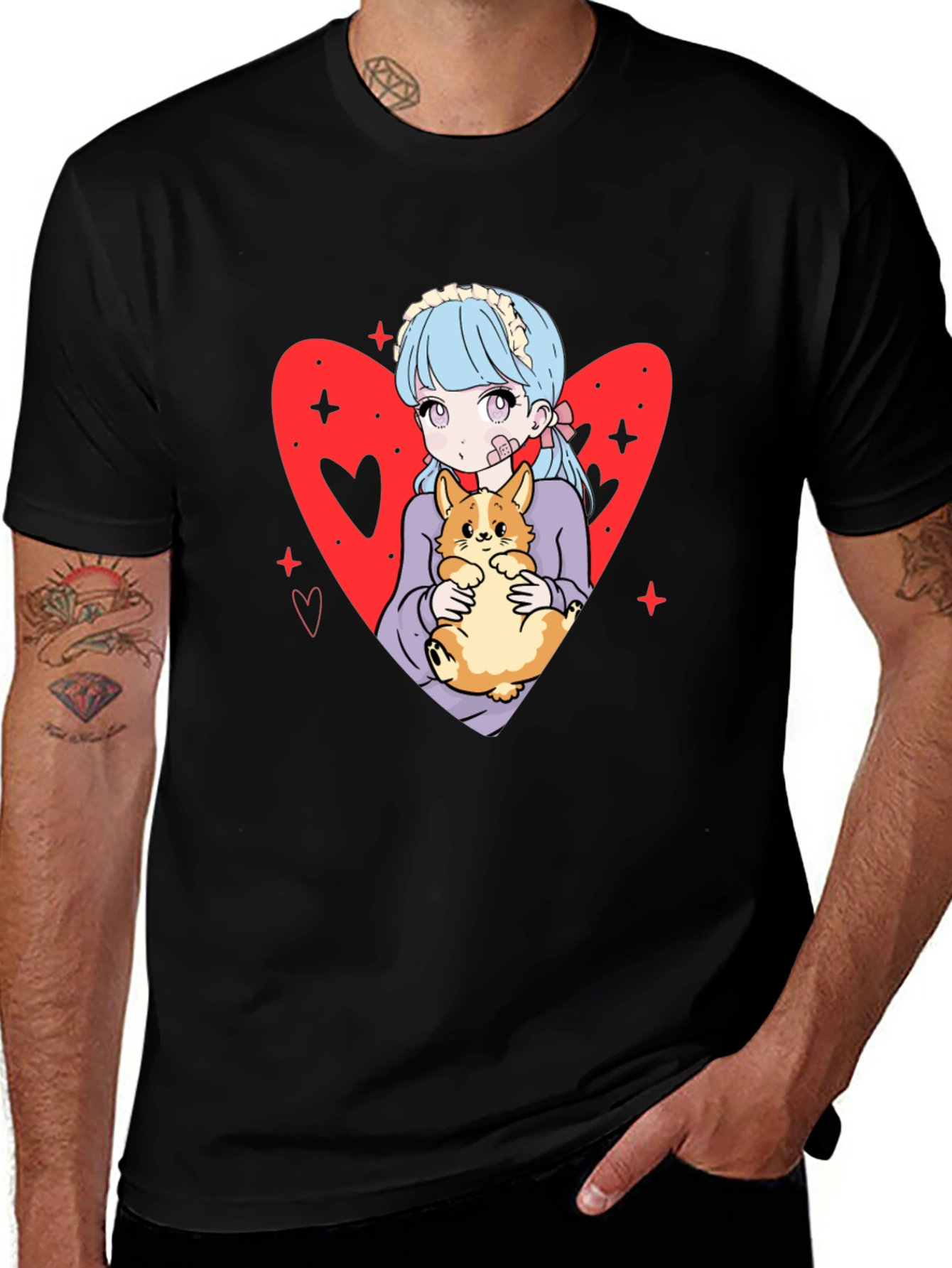 Anime Girl with Corgi Heart Graphic Tee