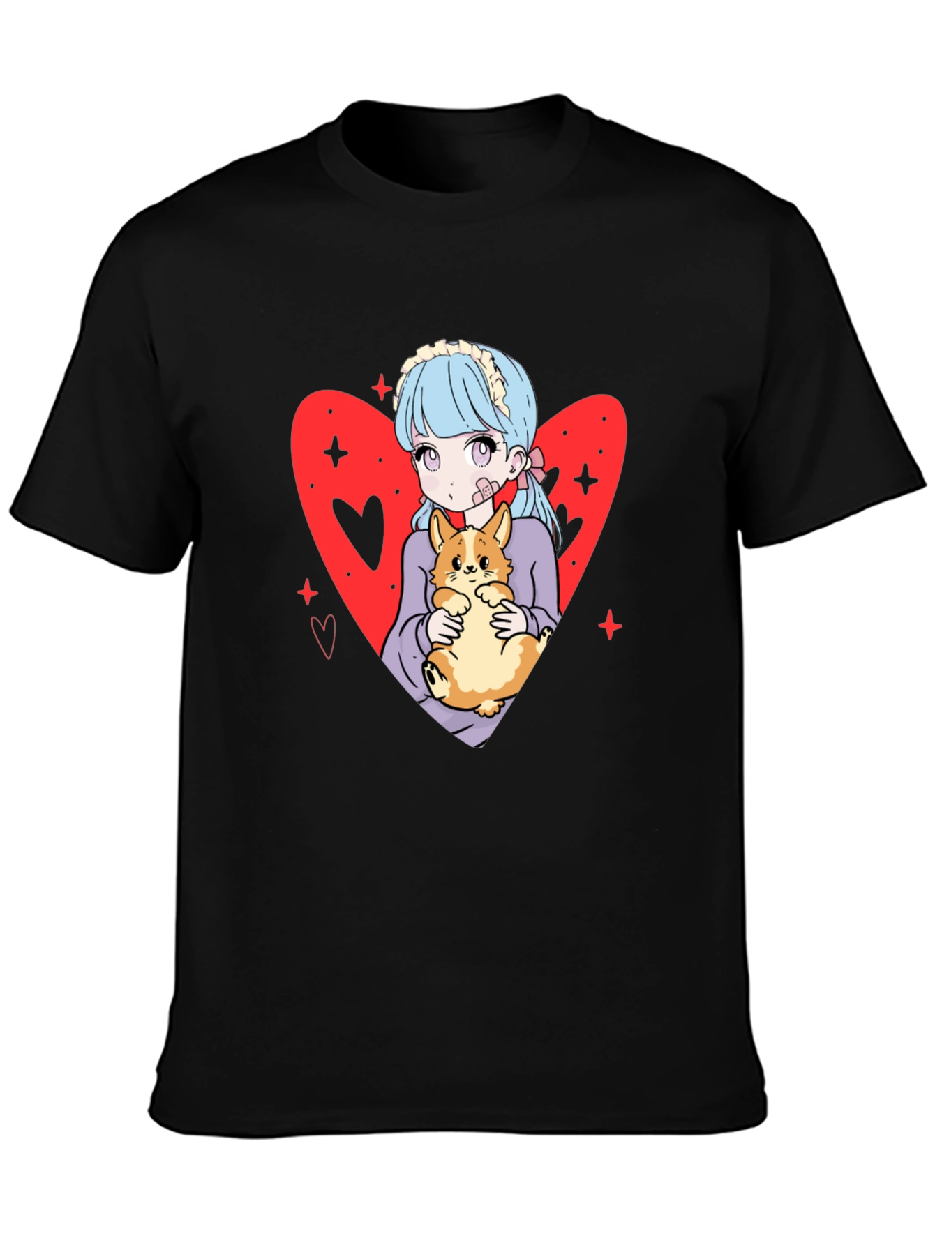 Anime Girl with Corgi Heart Graphic Tee