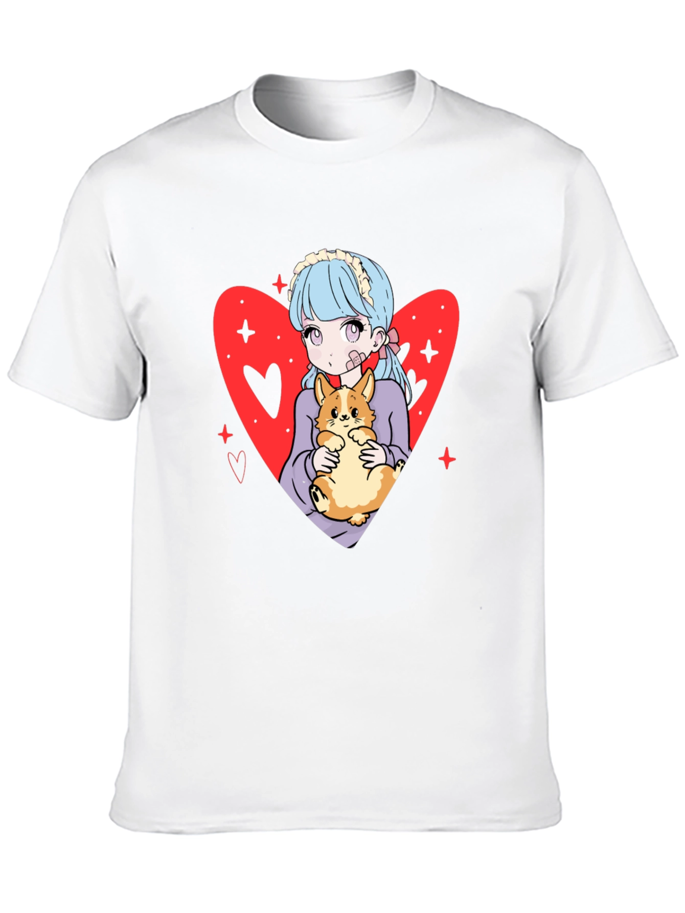 Anime Girl with Corgi Heart Graphic Tee