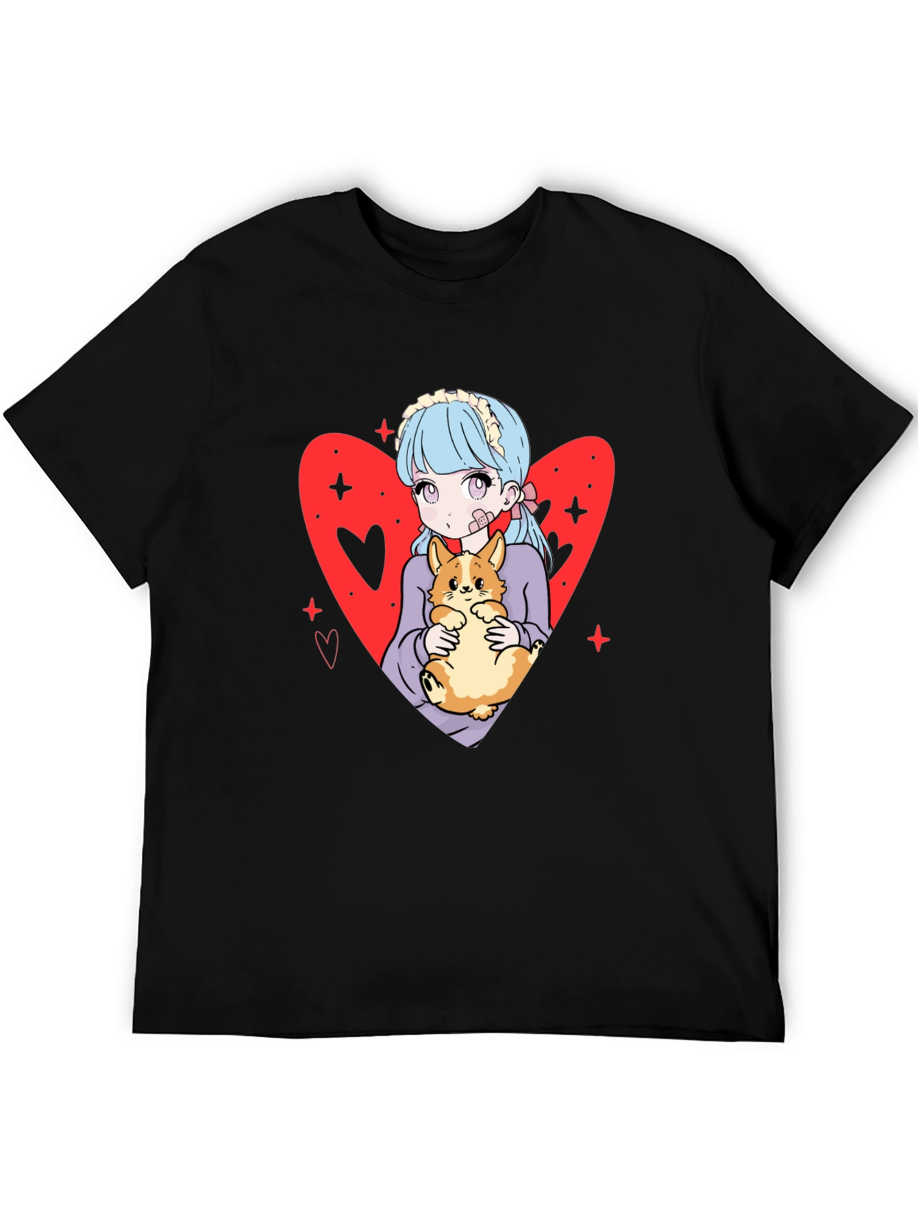 Anime Girl with Corgi Heart Graphic Tee