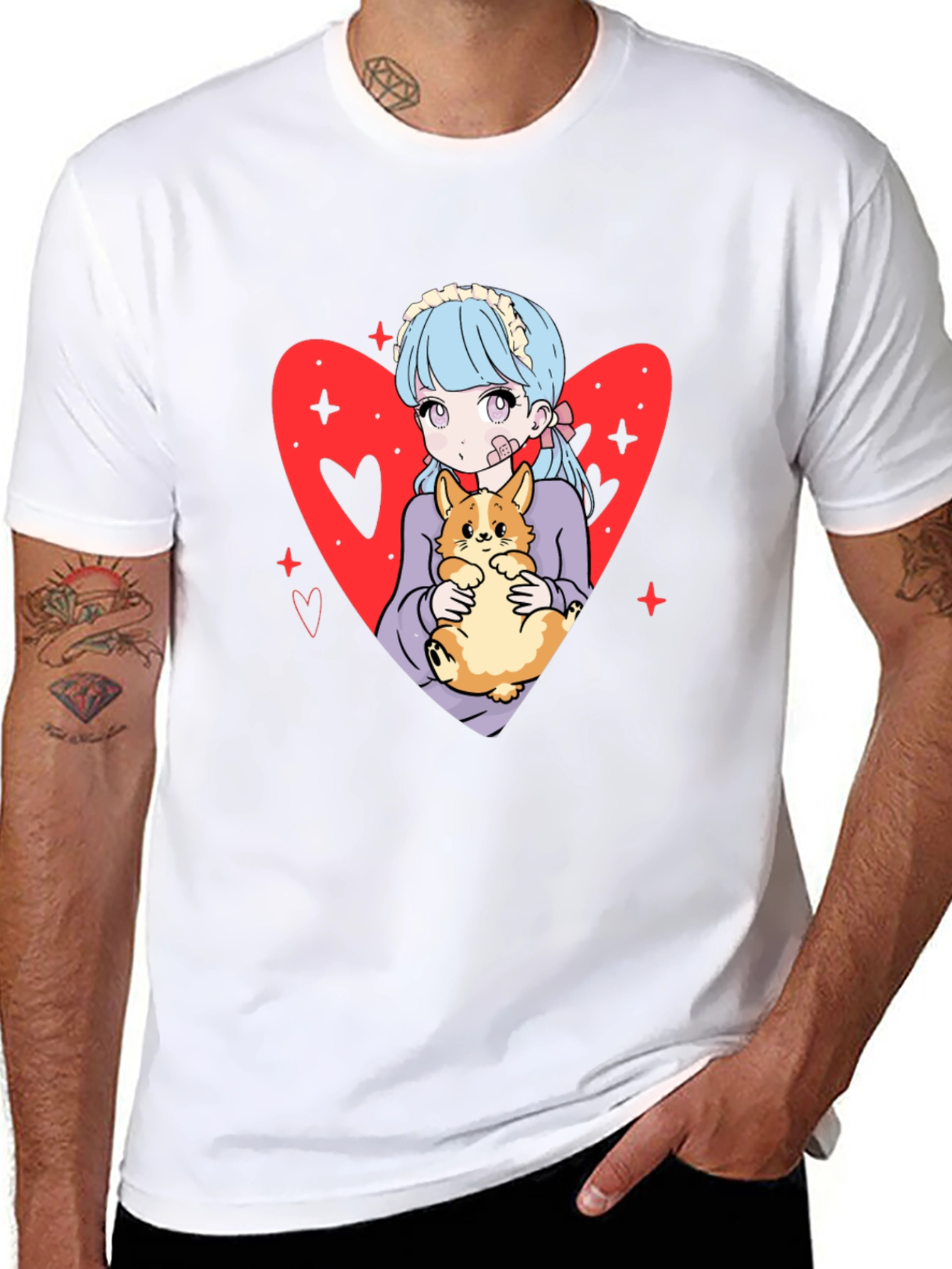 Anime Girl with Corgi Heart Graphic Tee