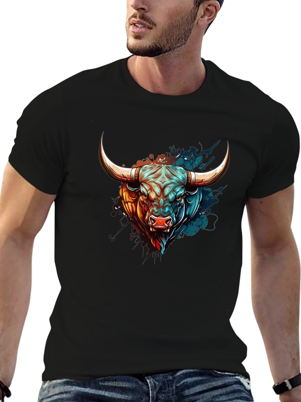 Bull Graphic Print T-Shirt - Mens Black Tee